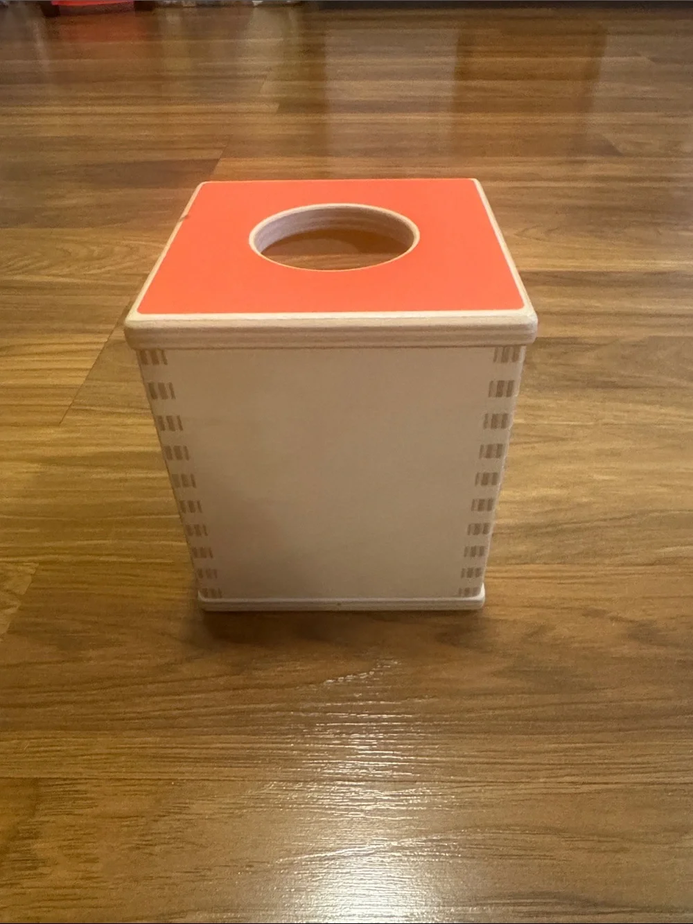Lovevery Wooden Cube Toy Box with Orange Top and Teal Handle